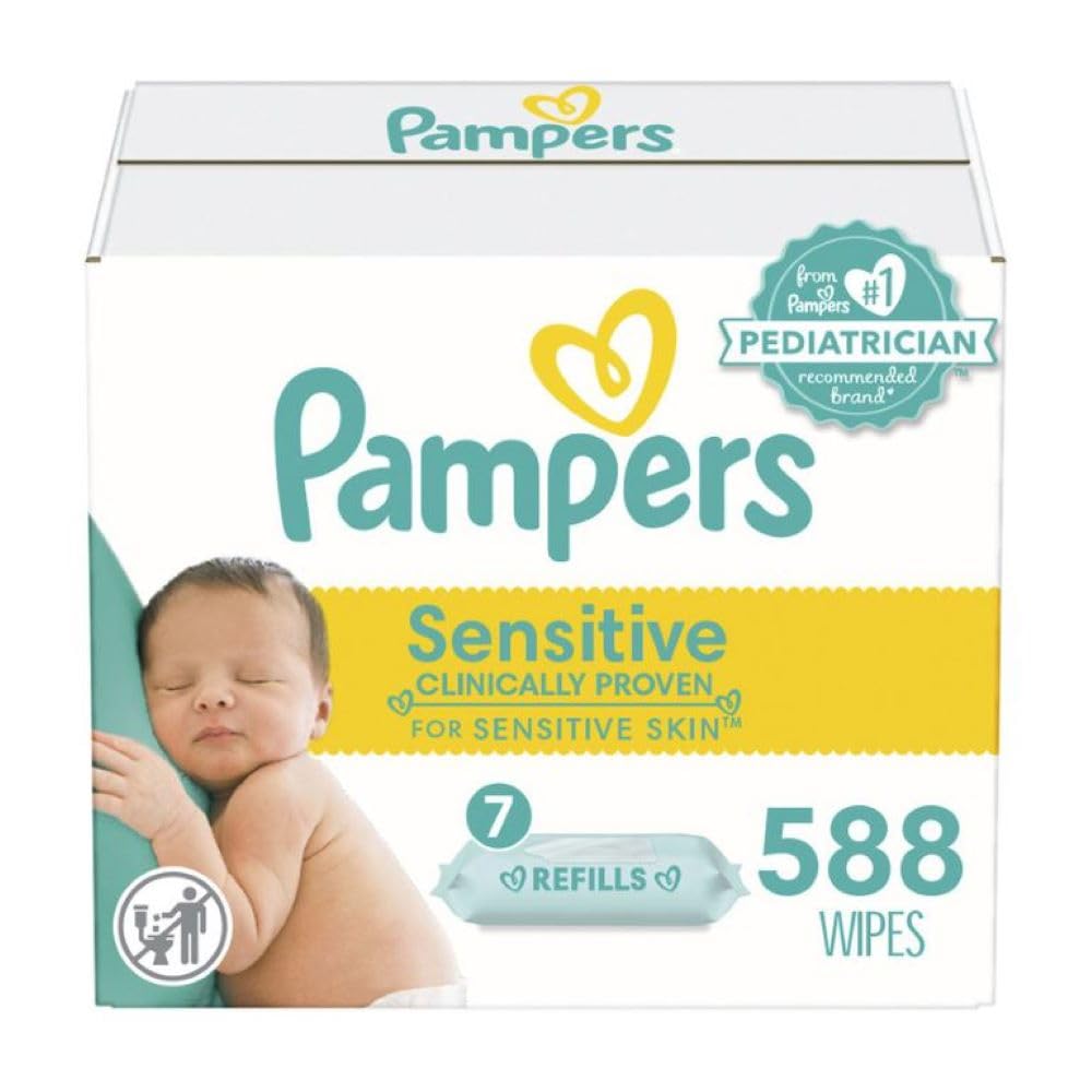 Pampers Sensitive Baby Wipes, Water Based, Hypoallergenic and Unscented, 7 Refill Packs (588 Wipes Total) [Packaging May Vary]