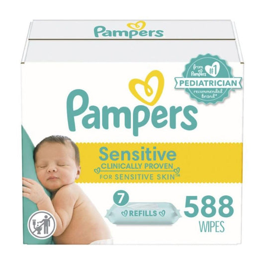 Pampers Sensitive Baby Wipes, Water Based, Hypoallergenic and Unscented, 7 Refill Packs (588 Wipes Total) [Packaging May Vary]