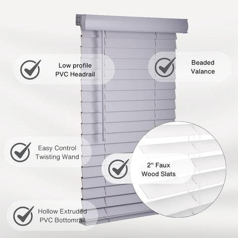 LOTUS & WINDOWARE Cordless Faux Wood Blinds, 27" Wide x 84" Long,Smooth,Light Gray, 2 Inch Horizontal Blinds – for Living Room, Bedroom, Interior Door Windows