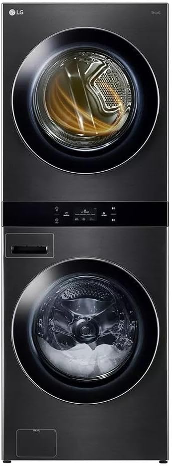 LG 27 Inch Smart Gas Single Unit WashTower with 5.0 cu. ft. Washer Capacity, 7.4 cu. ft. Dryer Capacity in Black Steel WKGX301HBA