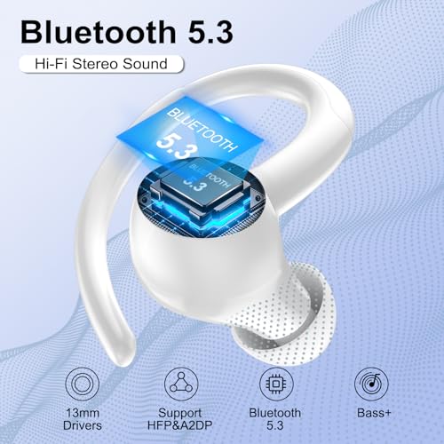 Csasan Headphones Wireless Earbuds Sport, Bluetooth 5.3 Over Ear Buds Stereo Deep Bass Headset with Earhooks, 48H Wireless Earphones with HD Mic, IP7 Waterproof Earbud for Sports/Running/Workout White