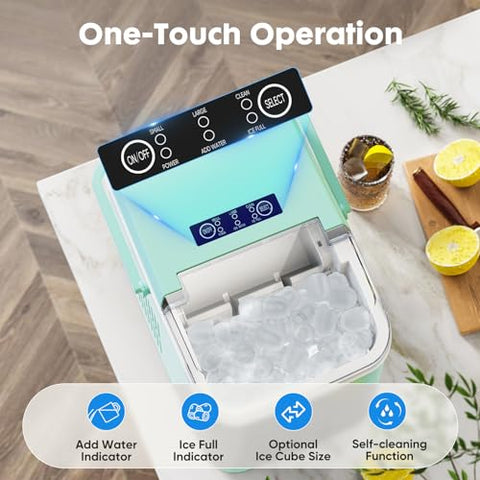 OLIXIS Portable Ice Machine Maker Countertop with Handle, Ice Cube Maker 9 Cubes in 6 Mins, 26.5lbs/24Hrs, 2 Sizes of Bullet Ice, Ice Scoop, Basket for Home Kitchen Office, Green