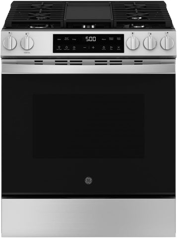 GE 30" Slide-In Front-Control Gas Range, 5.3 Cu. Ft. Oven, 5 Sealed Burners, Crisp Mode & Steam Clean, Stainless Steel – GGS500SVSS
