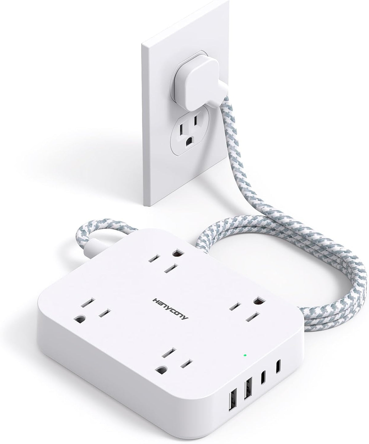 Flat Plug Extension Cord, 4 Widely Power Strip with 4 USB Ports(2 USB C)