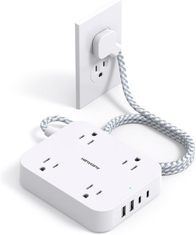 Flat Plug Extension Cord, 4 Widely Power Strip with 4 USB Ports(2 USB C)