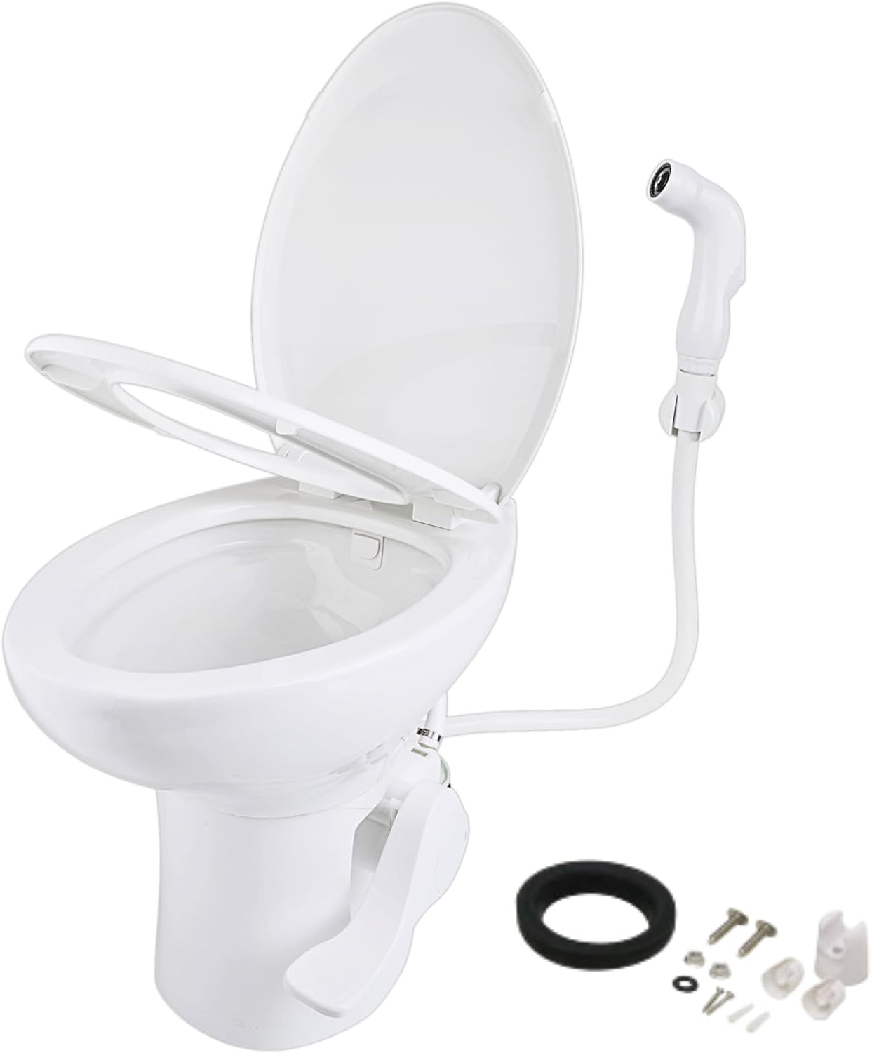 SEAFLO Porcelain RV Toilet with Sprayer Attachment - Elongated Bowl 19” Inch Residential Height, Gravity Flush, Foot Pedal Soft Close Seat Camper Motorhome Easy Install 4 -year Warranty SFRTCH-02-02