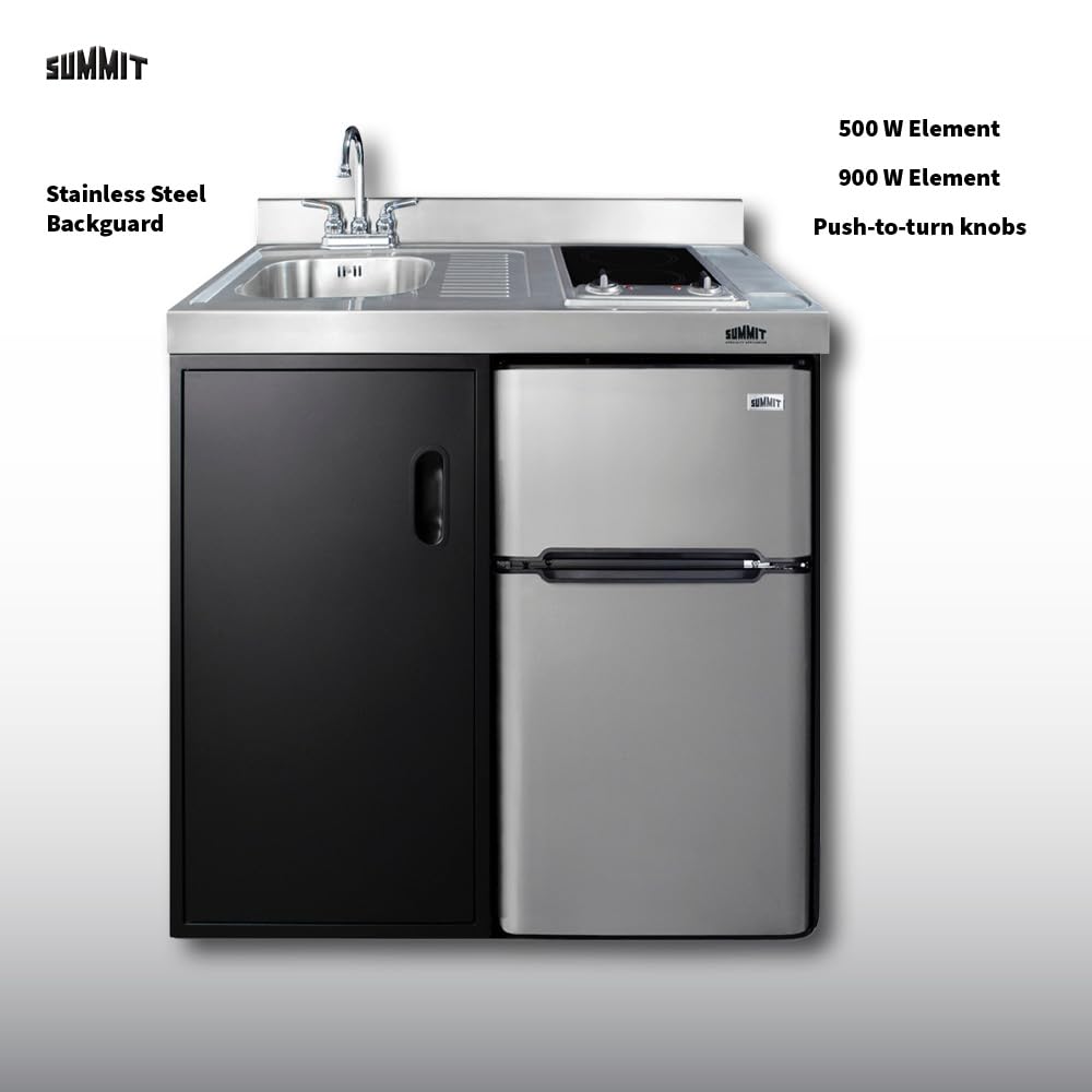 Summit 39" Wide All-in-One Kitchenette, Black and Stainless - C39ELGLASSBK