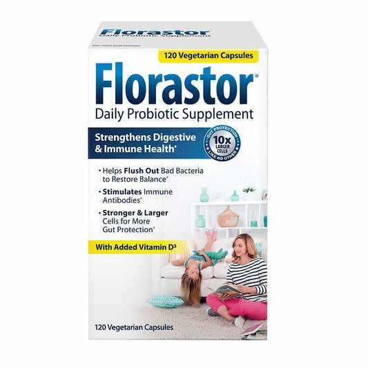 Florastor Daily Probiotic Supplement with Vitamin D3 for Women and Men, Proven to Support Digestive Health with Vitamin D3 4 Pack of 30 Count TOTAL120 Capsules