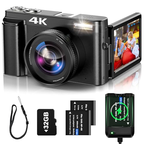 4K Digital Camera for Photography Auto-Focus 4K Camera with 180° 3.0 inch Flip Screen 16X Anti-Shake Vlogging Camera for YouTube Video Compact Cameras with SD Card, 2 Batteries and Battery Charger