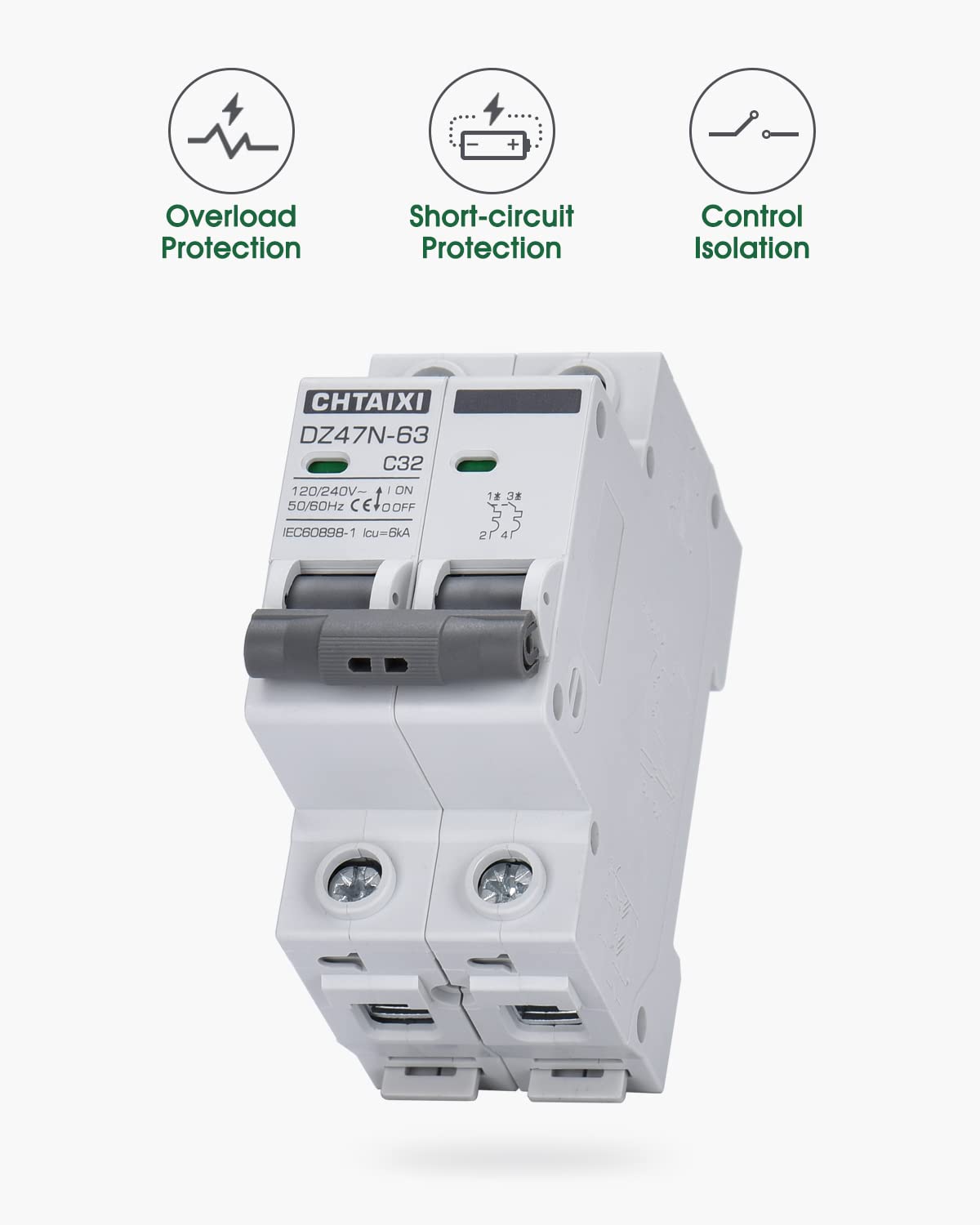 AC Miniature Circuit Breaker, 32 Amp 120V/240V 2 Pole DIN Rail Mount Circuit Breaker, Thermal Magnetic Trip, Solar AC Disconnect Switch MCB C32