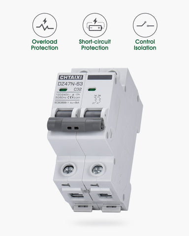 AC Miniature Circuit Breaker, 32 Amp 120V/240V 2 Pole DIN Rail Mount Circuit Breaker, Thermal Magnetic Trip, Solar AC Disconnect Switch MCB C32