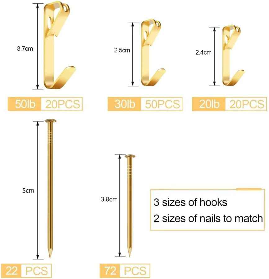 184 Pieces Picture Hanging Kit, 20lb, 30lb, and 50lb Picture Hangers, Metal Picture Hanging Hooks with Nails, on Drywall, Wooden Wall(Gold)