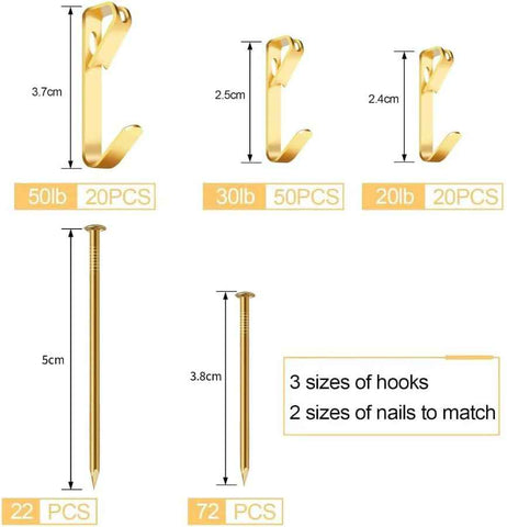 184 Pieces Picture Hanging Kit, 20lb, 30lb, and 50lb Picture Hangers, Metal Picture Hanging Hooks with Nails, on Drywall, Wooden Wall(Gold)