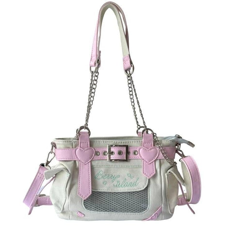 RILGOU Y2K Harajuku Kawaii Goth Casual Style Denim Cute Heart and Pink Belt Decor Adjustable Cross-body Shoulder Bag