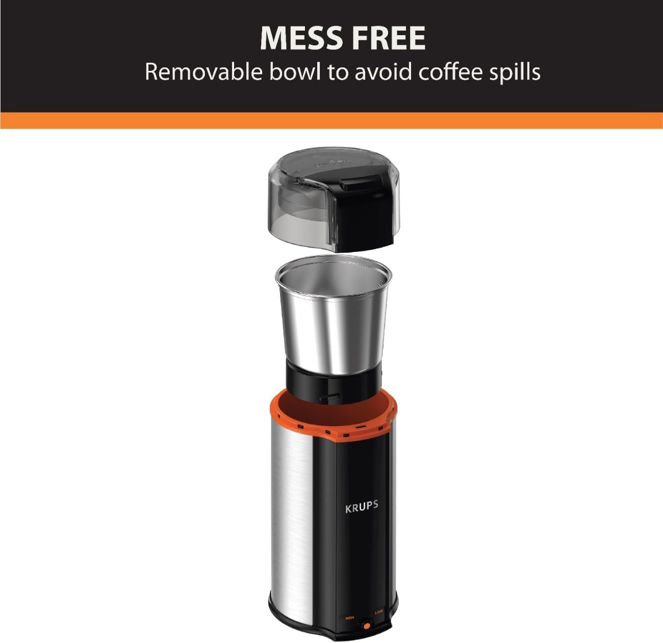 Krups, Coffee Grinder, Ultimate Silent Vortex Plastic and Stainless Steel Grinder with Removable Bowl Mess-Free, 8 Times Quieter, 2 Speeds 240 Watts, Dry Herbs, Dishwasher Safe, 12 cups ground Silver
