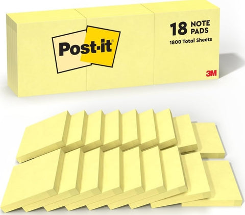 Post-it Notes, 3 x 3 in, The Iconic Canary Yellow Note, 18 Pads