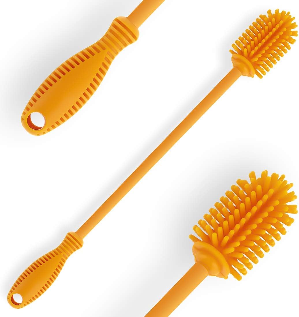 Silicone Bottle Brush with Long Handle, 12.5" Bottle Cleaning Brush, Orange