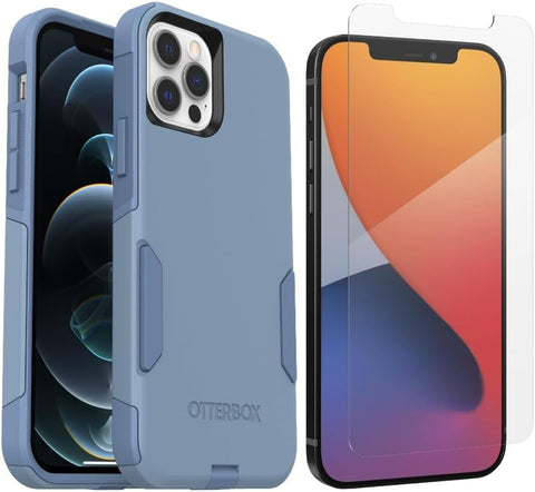 OtterBox iPhone 12 & iPhone 12 Pro (Only) - Commuter Series Case - Crisp Denim (Blue) - with Glass Elite+ Clear Screen Protector - Pocket-Friendly - with Port Protection - Non-Retail Packaging