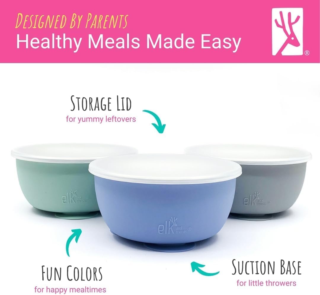 Elk and Friends Kids/Toddler Stainless Steel Suction Bowls + Lids | 4pk