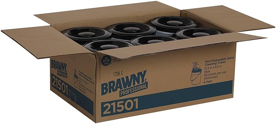Georgia-Pacific Brawny Professional Disposable Wet Hand Cleaning Towel by GP PRO (Georgia-Pacific), 21501, Blue, 84 Towels Per Bucket, 6 Buckets Per Case, Towel (WxL) 8.6" x 12.2"