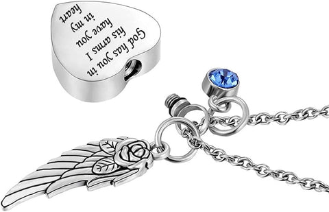 God has You in his arms with Angel Wing Charm Cremation Ashes Jewelry Keepsake Memorial Urn Necklace with Birthstone Crystal