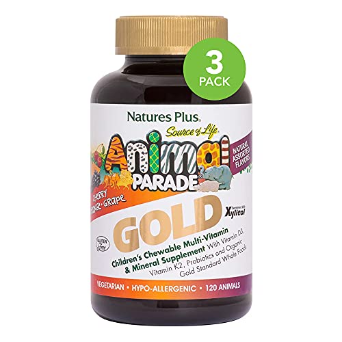 NaturesPlus Animal Parade Gold Children's Multivitamin - Assorted Cherry, Orange & Grape Flavors - 120 Animal-Shaped Chewable Tablets, Pack of 3 - Vegan, Gluten Free - 180 Total Servings