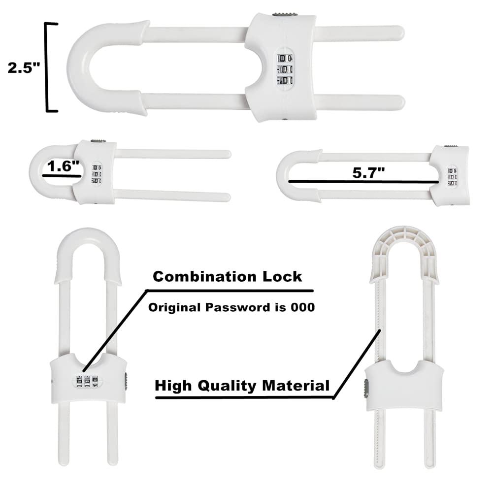 4 Pack Child Proof Sliding Cabinet Door Code Locks Baby Safety Cupboard Locks Adjustable U Shaped Cabinet Latches for Knob Handle Drawers Closet Plastic (4 PCS, White)