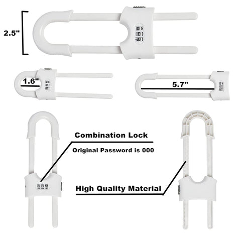4 Pack Child Proof Sliding Cabinet Door Code Locks Baby Safety Cupboard Locks Adjustable U Shaped Cabinet Latches for Knob Handle Drawers Closet Plastic (4 PCS, White)