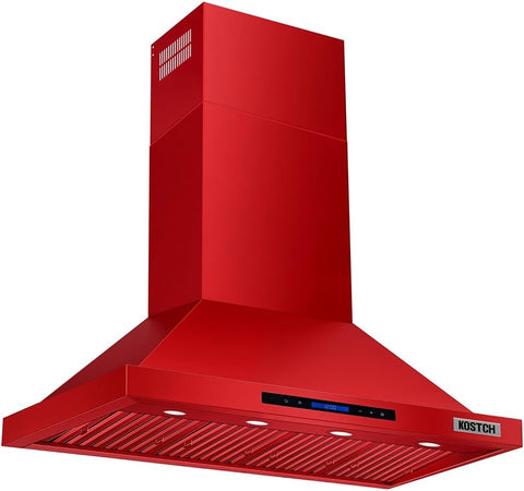 KOSTCH 48 inch Convertible Ducted Wall-Mounted Range Hood, 1200 CFM Kitchen Vent Hood with Touchscreen Control Panel, 3 Speed Exhaust Fan & LED Light, in Stainless Steel (Red)
