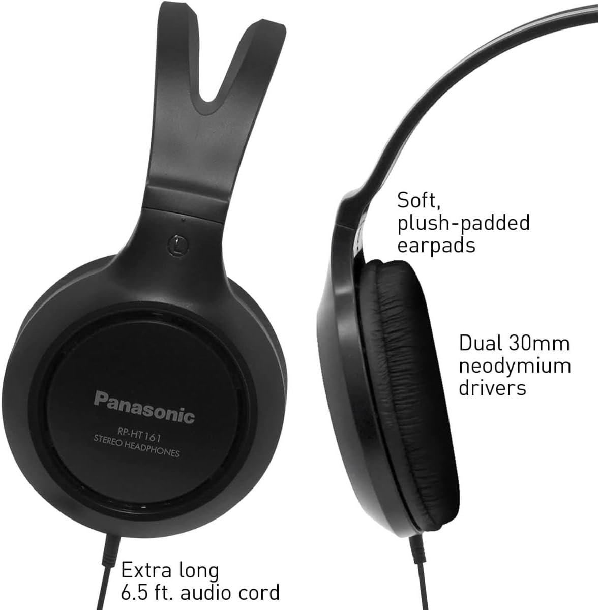 Panasonic Headphones, Lightweight Over The Ear Wired Headphones with Clear, Sound and XBS for Extra Bass, Long Cord, 3.5mm Jack for Phones and Laptops – RP-HT161-K (Black)