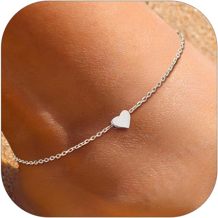ChicSilver Personalized 925 Sterling Silver Tiny Heart/Moon/Star/Sun/Dot/Triangle Anklets Simple Dainty Foot Jewelry for Women, Silver/Gold Plated/Rose Gold Plated