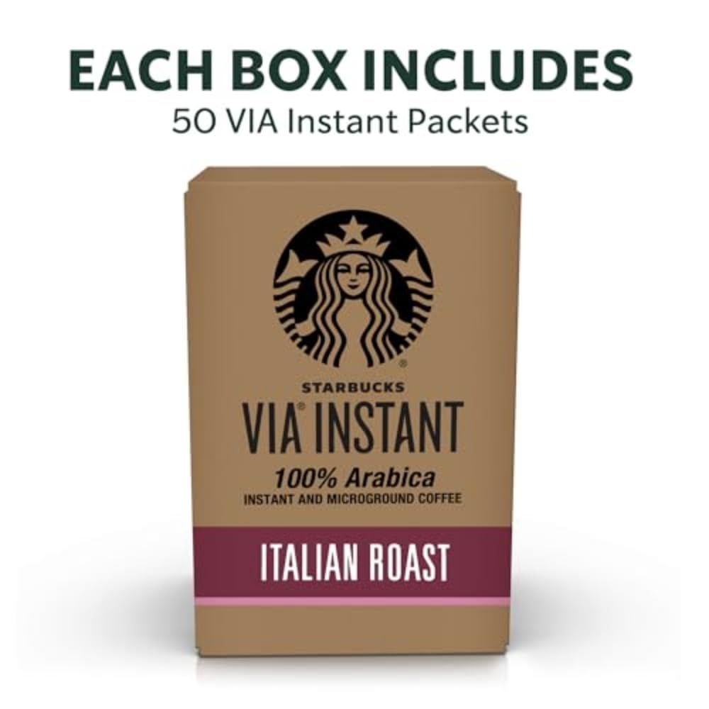 Starbucks VIA Instant Coffee, Dark Roast Coffee, Italian Roast, 100% Arabica, Single-Serve, 1 Box (50 Packets) | 100% Arabica instant coffee packets; Italian Roast dark roast; 1 box, 50 packets