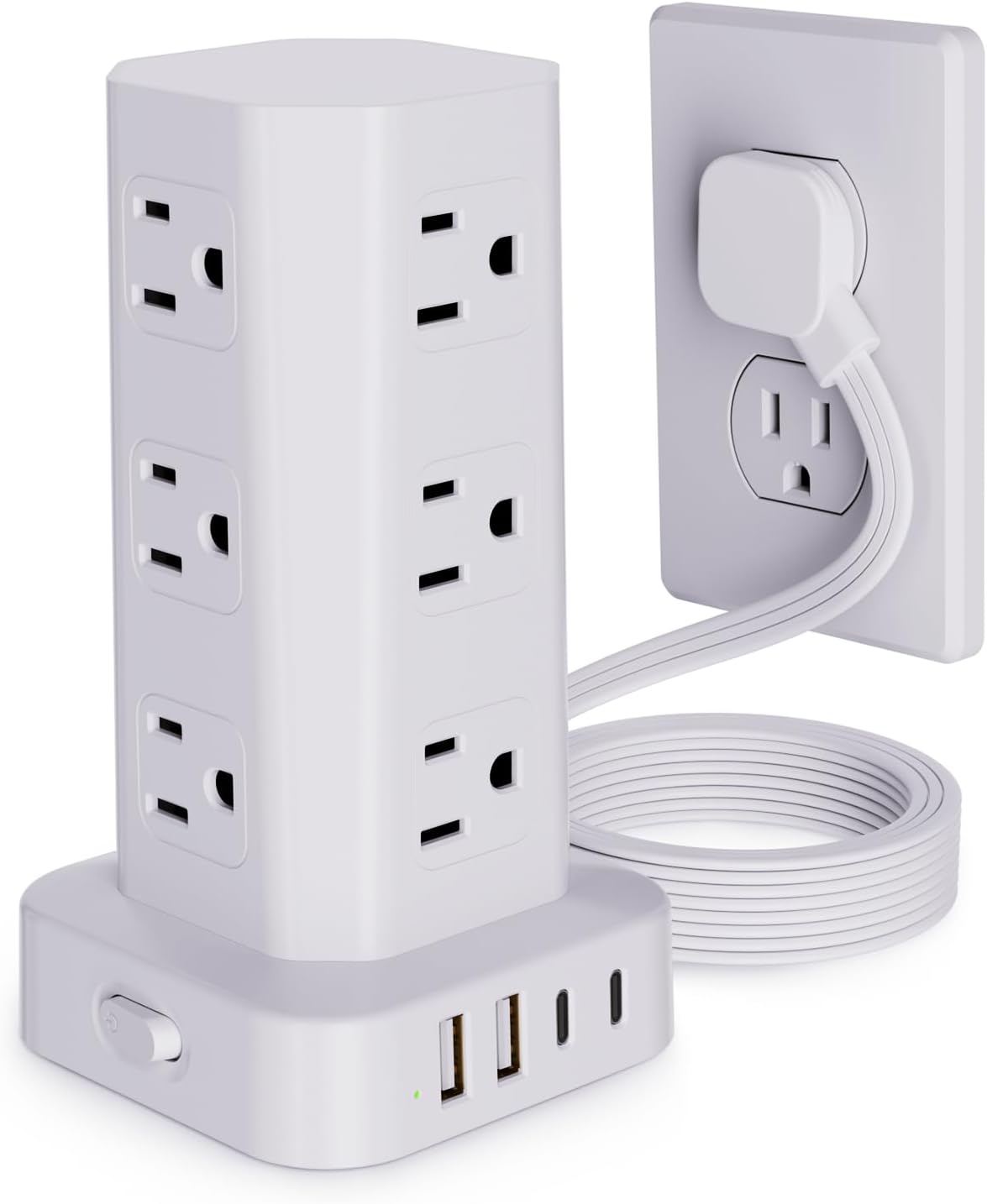 Power Strip Tower Surge Protector, 10FT Flat Plug Extension Cord with Multiple Outlets, 12 AC Outlets 4 USB (2 USB C), Desktop Charging Station with Surge Protection for Home Office Dorm Room, White