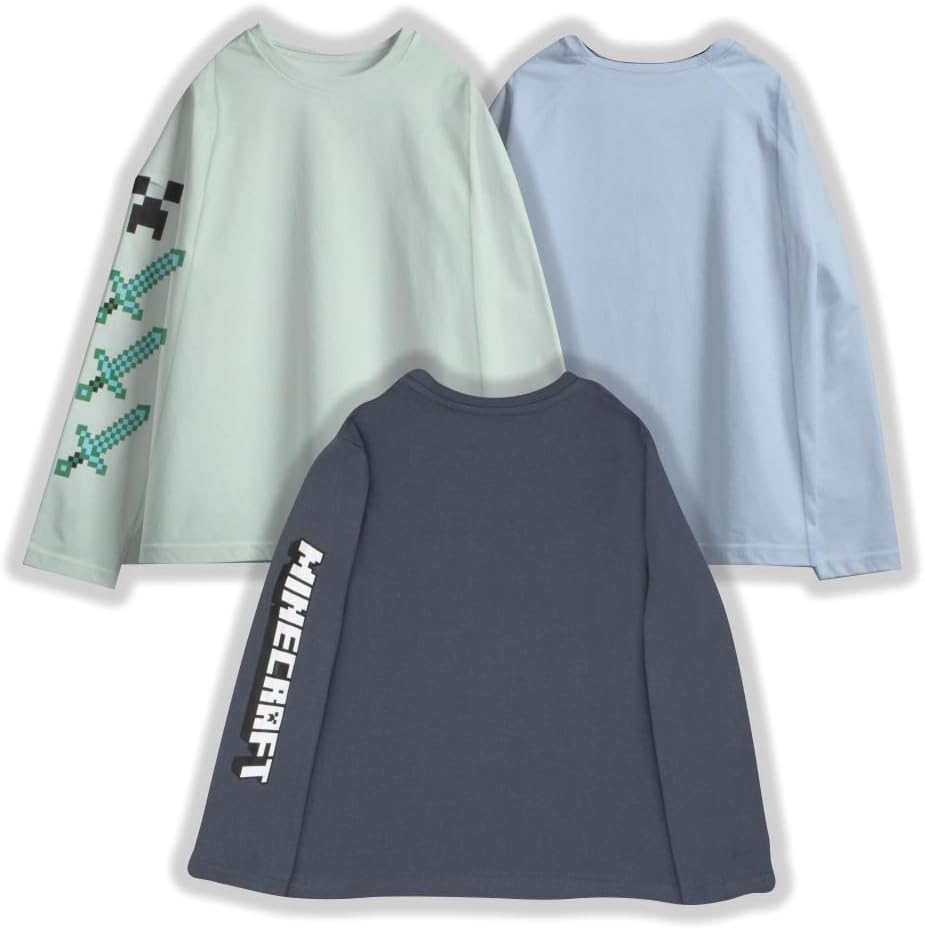 Minecraft Boy's T-Shirt 3-Pack - Long Sleeve, Graphic Print, Soft Cotton, Gaming Tees for Kids