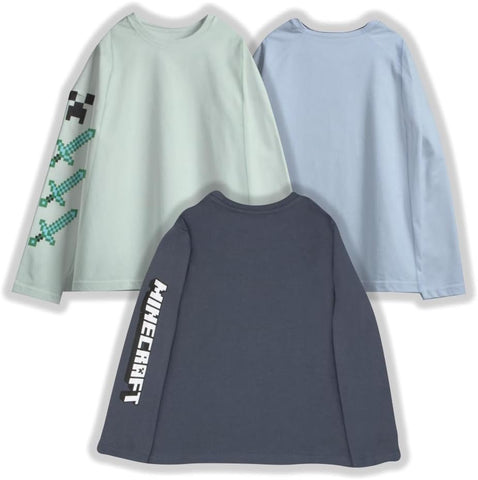 Minecraft Boy's T-Shirt 3-Pack - Long Sleeve, Graphic Print, Soft Cotton, Gaming Tees for Kids