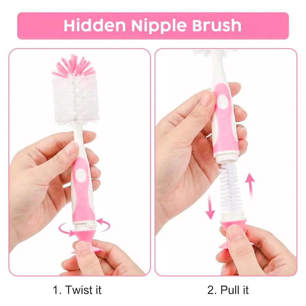 Ariseno 3-Pack 4-in-1 Baby Bottle Brush Set, Pink