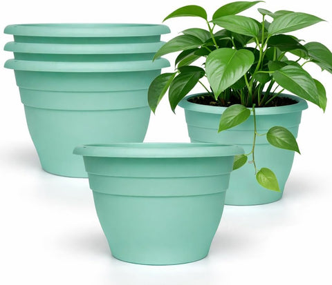 RooTrimmer 5 Pack 10 Inch Plant Pots for Indoor Outdoor,Plastic Floor Planters with Drainage Holes,Lightweight Flower Pots for Home,Patio & Garden(Blue)