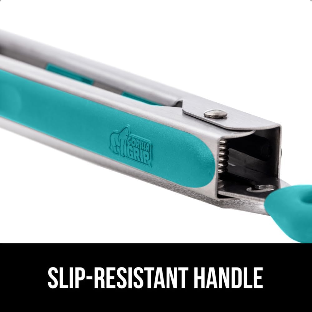 GORILLA GRIP Stainless Steel Kitchen Tongs for Cooking, 2 PK, Turquoise