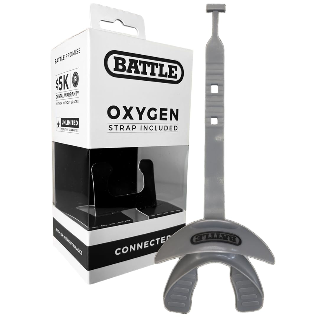 Battle Oxygen Lip Protector Mouth Guard with Connected Strap, Football and Sports Gear, Maximum Oxygen Supply, Mouthpiece Fits With or Without Braces - One Size, Light Red
