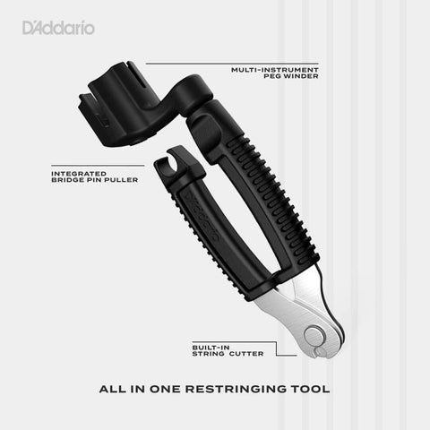 D'Addario Accessories Pro-Winder Guitar String Winder, Cutter, Bridge Pin Puller - All in One Guitar Tool - Black