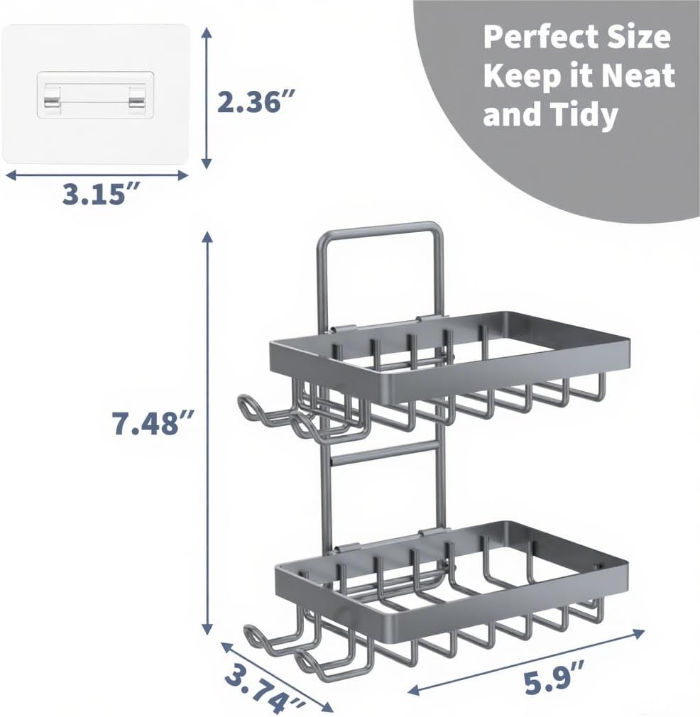 Moforoco Grey Double Soap Bar Holder for Shower, No Drilling, 304 Rustproof Stainless Steel, Wall Mounted Soap Holder with 4 Hooks and Razor Holder, Shower Rack Soap Tray Bar Soap for Bathroom
