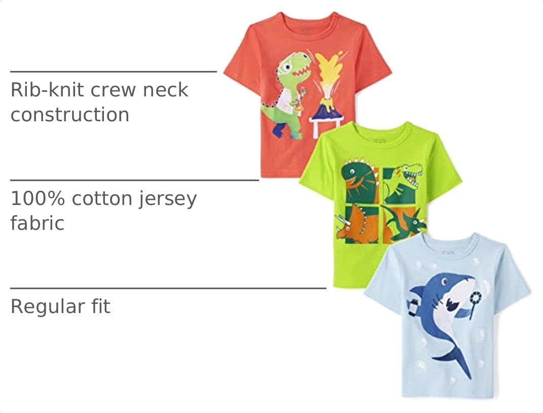 The Children's Place Baby Boys' and Toddler Dino,Animals,Sharks Short Sleeve Graphic T-Shirts,3 Pack