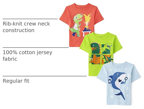 The Children's Place Baby Boys' and Toddler Dino,Animals,Sharks Short Sleeve Graphic T-Shirts,3 Pack