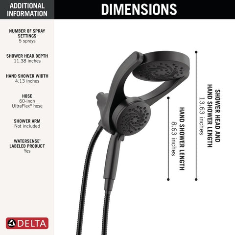 Delta 5-Setting HydroRain 2-in-1 Dual Shower Head with ProClean Spray, Matte Black High Pressure Shower Head with Handheld Spray, 1.75 GPM Flow Rate, Matte Black 75419BL