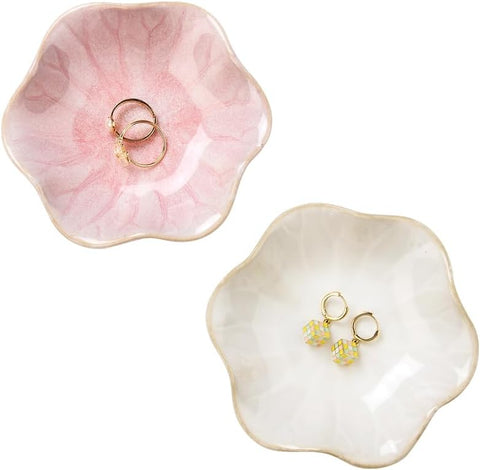 JAMEND CLXP 2PCS Lotus Leaf Shape Ring Holder Dish, Small Key Bowl, Ceramic Trinket Tray Jewelry Dish Organizing Necklace Earrings for Mom Friend Sister, All Jewelries Are NOT Included. White +Pink.…