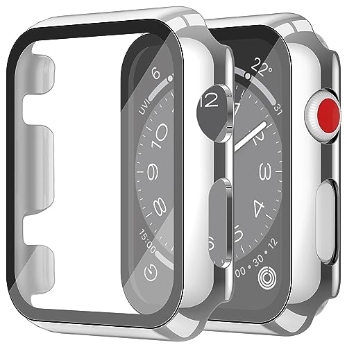 Misxi 2 Pack Hard PC Case with Tempered Glass Screen Protector Compatible with Apple Watch Series 2 Series 3 42mm, Anti-Drop Scratch Resistant Lightweight Cover for iWatch, 1 Silver + 1 Transparent