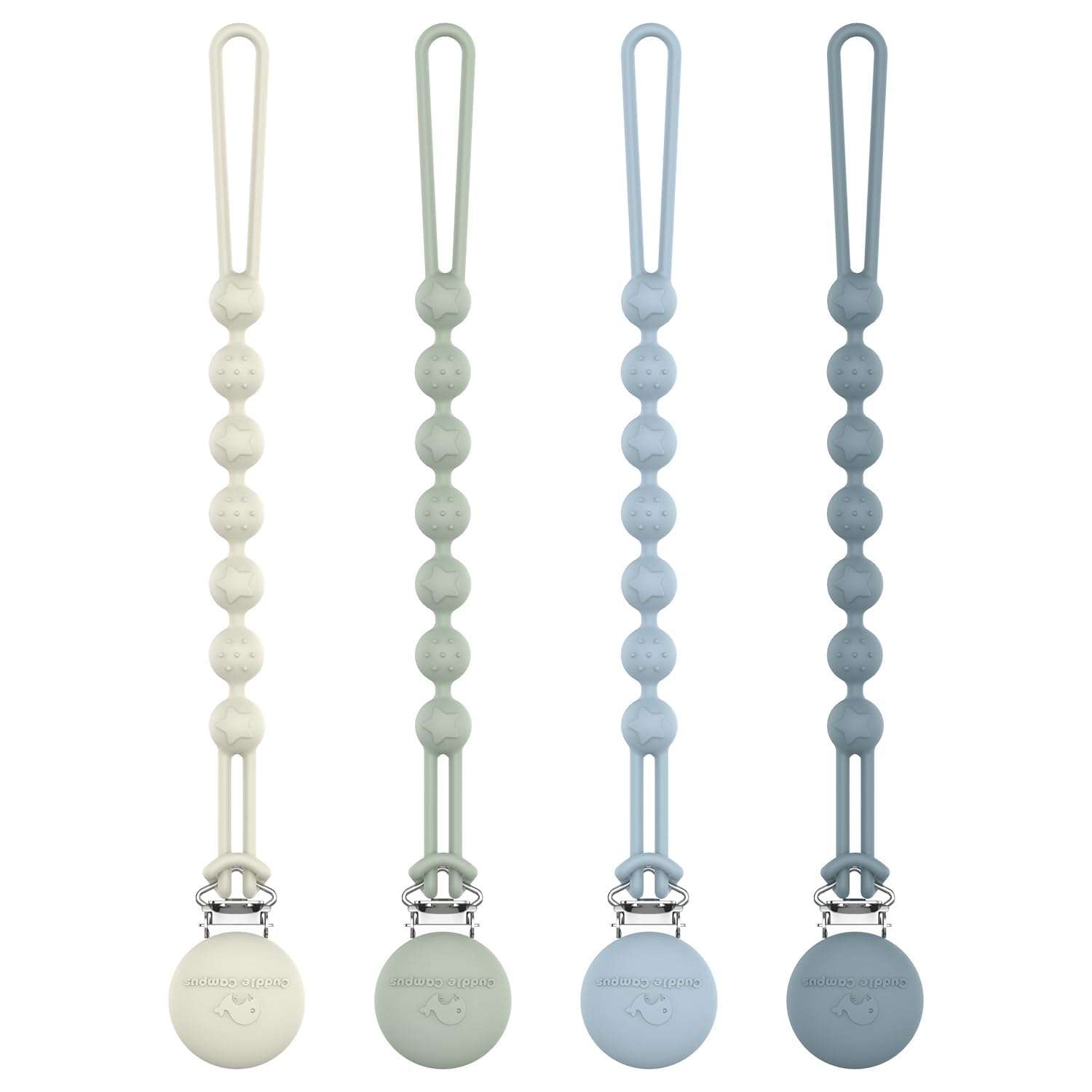 Cuddle Campus Silicone Pacifier Clip Holder with One Piece Design,Soft Flexible Binky Clips with Texture for Baby Boy and Girl Pack of 4 (0-6m)