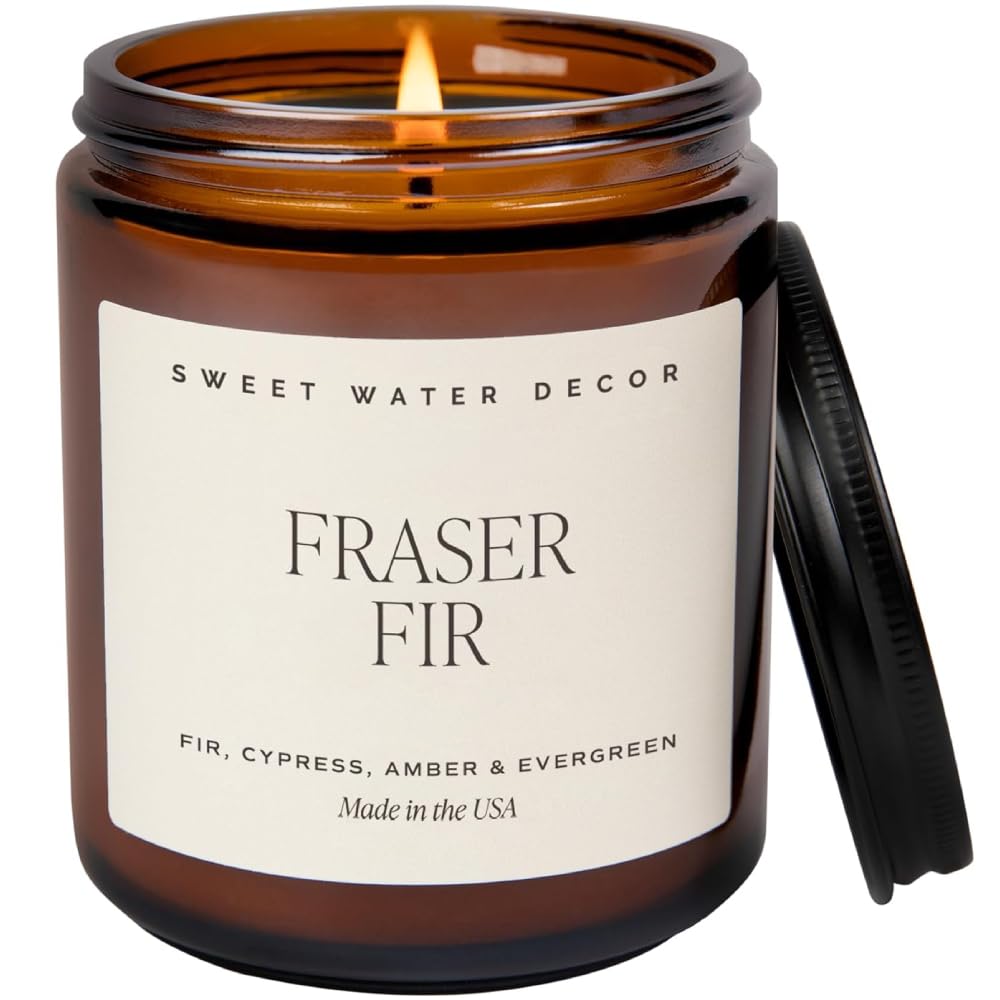 Sweet Water Decor Fraser Fir Christmas Candles - Christmas Stocking Stuffers Cypress, Evergreen & Pine Scented Candles - Scented Candles with 40 Hrs Burn Time - 9Oz Black Lid Amber Jar Wax Candles