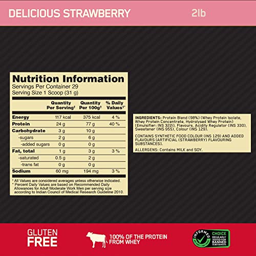 Optimum Nutrition Gold Standard 100% Whey Protein Powder, Delicious Strawberry, 2 Pound (Pack of 1)