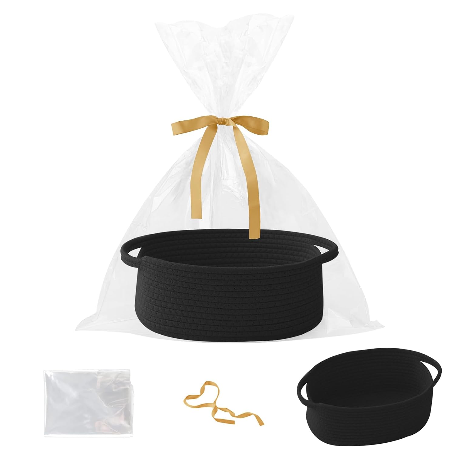 Black Woven Rope Basket - Baby Gift Basket with Bag & Ribbon